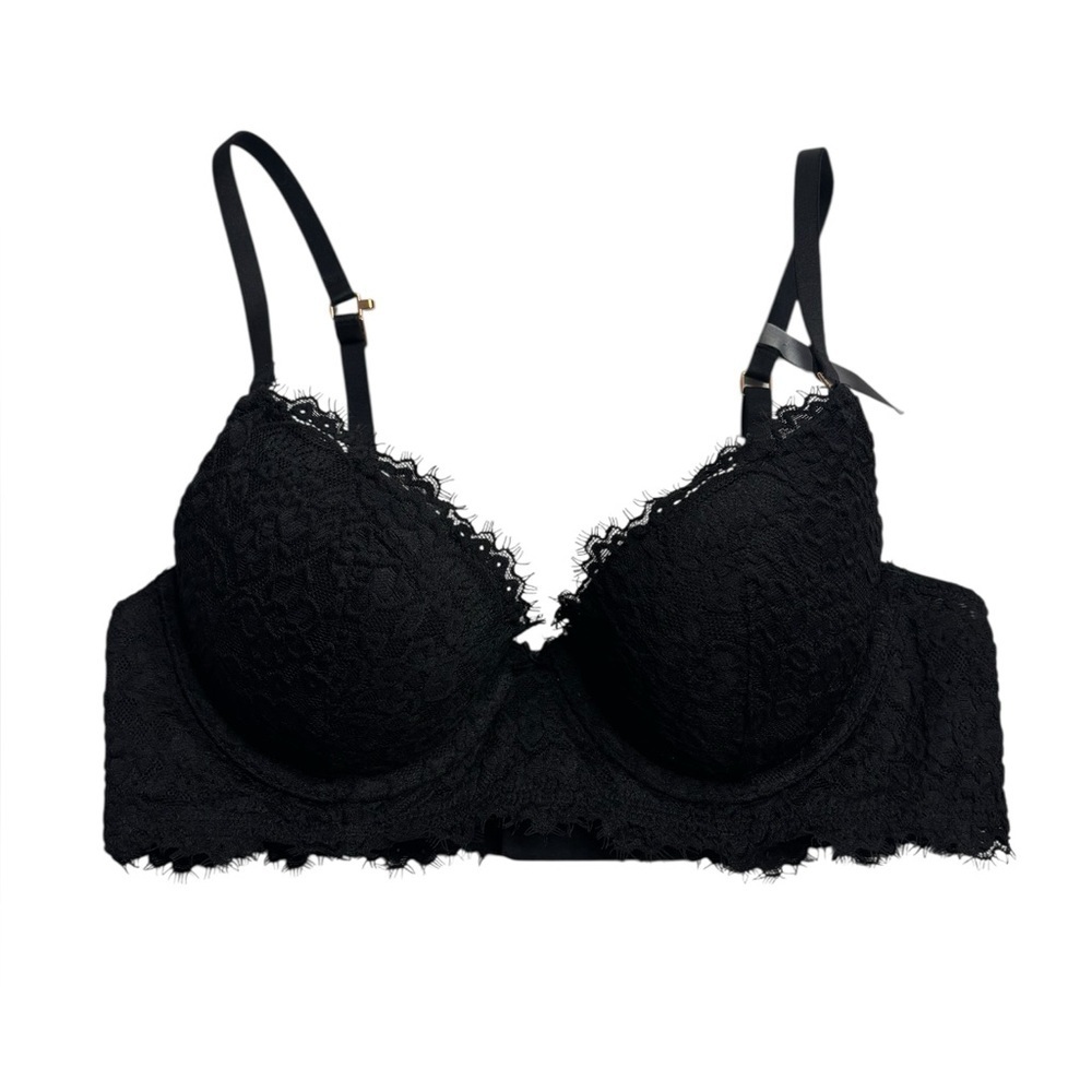 NEW Aerie True Black Show Off Eyelash Lace Plunge Push Up Bra 34B